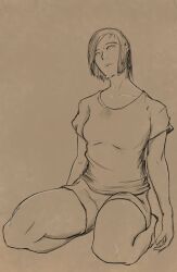 absurdres bare_legs character_request clefspear dazed drool expressionless female_only femsub kneeling legs limp monochrome original short_hair short_shorts solo t-shirt thick_thighs