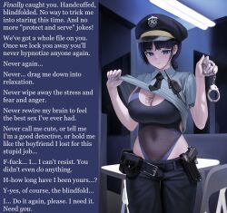  aware black_hair breasts caption caption_only femsub handcuffs huge_breasts hypnosis_addiction large_breasts looking_at_viewer maledom manip monsieurchuchote_(writer) myabit nail_polish police_uniform policewoman pov pov_dom resisting text 