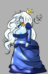  adventure_time blue_skin cleavage clothed collar crown dress drool female_only femsub ice_queen long_hair nipples tech_control text valentine_(artist) white_hair 