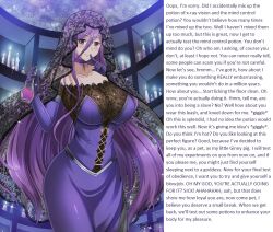 bipp_(manipper) breasts brown_eyes caption caption_only dress drugged femdom gloves huge_breasts large_breasts long_hair looking_at_viewer male_pov manip opera_gloves potion pov pov_sub purple_hair text very_long_hair