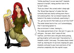 absurdres breasts caption faustus femsub fishnets hypnotic_eyes large_breasts long_hair original red_hair snake text