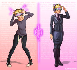 absurdres before_and_after blonde_hair cat_ears fake_animal_ears femsub forced_employee headphones hypnotic_accessory office_lady original sleepystephbot standing standing_at_attention tech_control text visor 