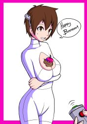  argrim bodysuit breasts brown_eyes brown_hair cake empty_eyes femsub food happy_trance hypnotic_accessory kas_(rosvo) large_breasts original remote_control short_hair simple_background simulated_paizuri smile speech_bubble standing tech_control text 