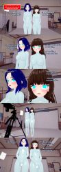  absurdres anoni_hypno blue_eyes blue_hair breasts brown_hair censored clara_lee_(anoni_hypno) clothed clothed_exposure dialogue english_text femsub glowing_eyes katie_collins_(anoni_hypno) latex livestream long_hair multiple_girls multiple_subs nipples original pussy see-through short_hair text 