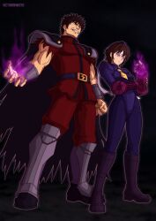  absurdres alternate_costume aura bad_end bandana beret brown_hair capcom cape clothed corruption cosplay costume empty_eyes evil_smile eye_color_change femsub glowing_eyes m._bison maledom malesub possession ryu_(street_fighter) sakura_kasugano shadaloo_dolls short_hair smile standing street_fighter victoriamikoto 