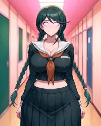 ai_art bangs black_hair braid breasts cleavage dangan_ronpa dazed female_only femsub large_breasts midriff school_uniform skirt solo spiral_eyes student touko_fukawa twintails wide_hips