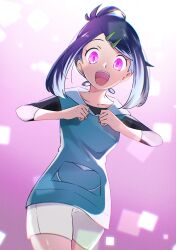 blue_hair clothed dancing eye_color_change femsub happy_trance liko_(pokemon) mikan_bako mochi_dance nintendo open_mouth pokemon pokemon_(anime) pokemon_scarlet_and_violet purple_eyes smile solo