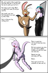  all_fours before_and_after bell_collar bunny_boy chin_hold collar comic femsub furry glasses immelmann latex leash maledom malesub multicolored_hair open_mouth original pussy short_hair spiral_eyes symbol_in_eyes text tongue tongue_out transformation transgender 