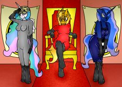  animals_only blue_hair bodysuit boots breasts cap dream_searcher_(belgian) female_only femdom femsub gloves happy_trance horns horse horse_girl large_breasts latex multicolored_hair my_little_pony opera_gloves original princess princess_celestia princess_luna saluting spiral_eyes standing standing_at_attention symbol_in_eyes western wings 