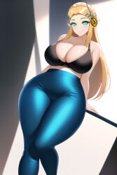  ai_art blonde_hair blush breasts breath_of_the_wild cleavage coin elf_ears female_only femsub glowing_eyes happy_trance huge_breasts large_hips leggings long_hair looking_at_viewer manip misterman4_(manipper) nintendo pendulum princess_zelda smile solo spiral_eyes spiralwash_eyes sports_bra stable_diffusion_(ai) standing symbol_in_eyes the_legend_of_zelda 