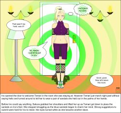  blonde_hair breasts dialogue empty_eyes femsub ino_yamanaka large_breasts nabs001 naruto_(series) sandals spiral text 