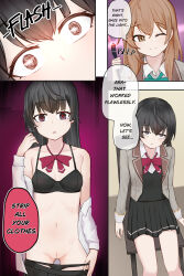 ahoge alya_sometimes_hides_her_feelings_in_russian black_eyes black_hair bra brown_eyes brown_hair cleavage comic dazed dialogue expressionless female_only femdom femsub hair_ornament maria_mikhailovna_kujou multiple_girls panties pussy ribbon school_uniform speech_bubble text underwear undressing undressing_command vlk1993 yuki_suou yuri