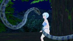  3d bikini blue_eyes breasts cleavage confused disney kaa kaa_eyes large_breasts leaning_forward leopard_print lipstick long_hair makeup mmd mrkoiru open_mouth outdoors pale_skin ponytail rwby sitting snake the_jungle_book trees weiss_schnee white_hair 