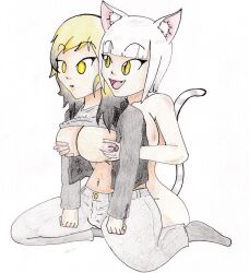 absurdres blonde_hair bottomless breasts cat_ears cat_girl disguised_hypnotist empty_eyes erika_(er-ikaa) expressionless febe_(myuk) female_only femdom femsub groping multicolored_hair multiple_girls navel_piercing nude original shirt_lift silver_hair slit_pupils tail topless traditional white_hair yellow_eyes yuri