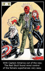  artist_request black_cat black_widow bodysuit captain_america expressionless femsub gloves happy_trance high_heels legs maledom marvel_comics mask necklace open_mouth red_hair red_skull sketch suit super_hero text traditional white_hair 
