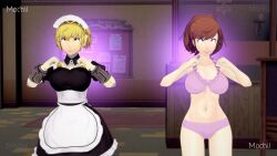  3d aegis_(persona) animated bikini blonde_hair bouncing_breasts brown_hair chicken_pose crossed_eyes english_text femsub koikatsu! kotone_shiomi large_breasts lunastra maid maid_headdress mochi_dance persona_(series) persona_3 persona_3_portable purple_eyes ribbon robot_girl school_uniform text video 