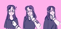  aina_(inkyfluffsdraws) before_and_after black_hair chin_hold comic confused empty_eyes femsub glasses inkyfluffsdraws long_hair one_eye_open original pink_eyes simple_background weak_resistance 