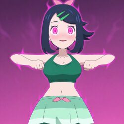 ai_art bare_shoulders bikini blush chicken_pose cleavage female_only femsub glowing_eyes hair_ornament happy_trance large_breasts liko_(pokemon) mochi_dance navel nintendo pokemon pokemon_(anime) ponytail purple_eyes ribbon swimsuit