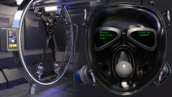 3d arms_above_head ball_gag bodysuit breasts electricity female_only femsub gag gas_mask laitanto latex mask monitor multiple_views open_mouth original pov pov_sub restrained rubber solo spread_legs tech_control text tight_clothing tubes