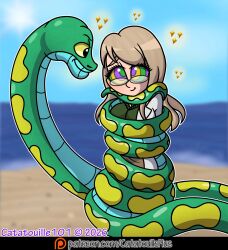  beach blush brown_hair catatouille101 cheek_squish cleavage clothed coils eyeshadow femsub glasses happy_trance kaa_eyes lab_coat large_breasts long_hair original smile smirk snake sparkle sweater yellow_eyes 
