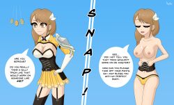  before_and_after breasts brown_hair cleavage dialogue female_only femsub fire_emblem fire_emblem_engage goldmary_(fire_emblem) hypno_apophis instant_loss mole nintendo panties pendulum smile text topless unaware undressing 