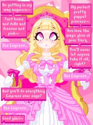 animated animated_gif blonde_hair blush chair crossed_eyes crown curly_hair dialogue dress drool eye_roll fabius femdom femsub glowing hypnotic_accessory lipstick long_hair pink_eyes pixel_art princess sitting speech_bubble text