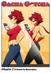  bodysuit bree_(gacha_gotcha) cover eye_mask gacha_gotcha gloves jeans kobi94 phone red_hair t-shirt text 