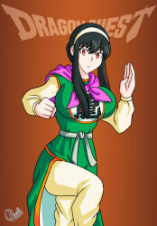 alerith alternate_costume black_hair breasts crossover dragon_quest_(series) dragon_quest_iii empty_eyes english_text expressionless female_only femsub large_breasts long_hair martial_arts_uniform orange_eyes side_slits solo spy_x_family square_enix text yor_briar