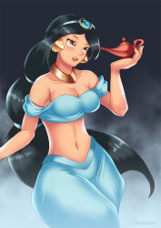 aladdin_(series) black_hair breasts cleavage disney earrings female_only gradient_background hadant harem_outfit jewelry large_breasts long_hair midriff navel princess princess_jasmine signature simple_background solo watermark