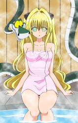  bare_legs blonde_hair breasts coils crossover dead_source disney expressionless femsub golden_darkness hot_spring jimryu kaa kaa_eyes large_breasts long_hair looking_at_viewer maledom sitting smile snake snake_boy steam the_jungle_book to_love_ru towel 