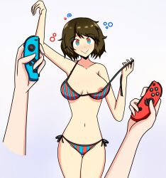  bikini blush body_control brown_hair female_only femsub game_controller happy_trance human_puppet large_breasts multicolored_eyes nintendo nintendo_switch nipples open_clothes persona_(series) persona_5 puppet sadayo_kawakami short_hair smile sortish swimsuit tech_control undressing video_game 