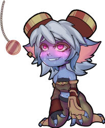  blush breasts cleavage clothed elf_ears eye_color_change female_only femsub fingerless_gloves gloves glowing_eyes happy_trance kneeling league_of_legends leaning_forward midriff navel pendulum pink_eyes purple_skin scaredwingedcat short_hair shortstack simple_background solo sweat tristana_(league_of_legends) white_background white_hair yordle 