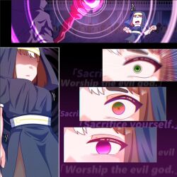  blonde_hair blush brown_hair cult empty_eyes eye_color_change femsub glowing_eyes green_eyes green_midori hypnotic_eyes hypnotic_light hypnotic_magic multiple_girls nun original pink_eyes resisting restrained staff talisman text 