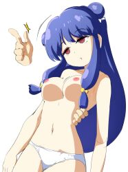  blue_hair breasts dazed empty_eyes etlabsotwe femsub finger_snap long_hair nipples panties phantom_hand ranma_1/2 red_eyes shampoo_(ranma_1/2) simple_background topless underwear white_background 