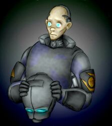 armor bald blue_eyes charles_oduka combine_soldier empty_eyes expressionless gloves glowing glowing_eyes half-life_2 helmet male_only malesub pale_skin simple_background solo text theta-xi valve