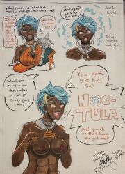  abs blue_hair breasts cleavage dark_skin dialogue english_text fire_emblem fire_emblem_fortunes_weave meme midriff nintendo noctula_(fire_emblem) sketch spiral_eyes sunglasses syas-nomis text 