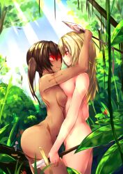blonde_hair bottomless breast_press breasts brown_hair dark_skin day! dazed drool expressionless female_only femdom femsub glowing glowing_eyes large_breasts manip nude open_mouth original red_eyes sword symmetrical_docking topless tribal_tattoo twintails yuri