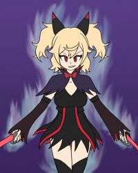  alternate_costume aura blonde_hair breasts celtie_(world_flipper) clothed corruption cygames evil_smile femsub mythkaz purple_background red_eyes simple_background slit_pupils smile solo sword tagme weapon world_flipper 