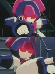 armor brass_(medabots) female_only glowing glowing_eyes medabots red_eyes robot screenshot tech_control weapon