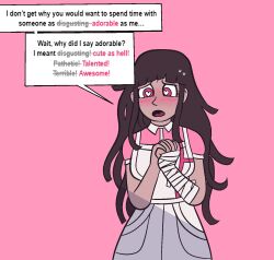  aware blush brown_hair dangan_ronpa dialogue english_text female_only femsub heart heart_eyes jennytheghostie long_hair mikan_tsumiki nurse solo speech_bubble super_dangan_ronpa_2 symbol_in_eyes tagme text wholesome 