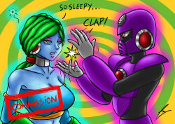  blue_eyes blue_skin borockman breasts clapping dazed empty_eyes expressionless femsub green_hair hypnoman_(silver) large_breasts long_hair maledom medusa_woman_(aaggresss) open_mouth original red_eyes robot sleepy spiral 