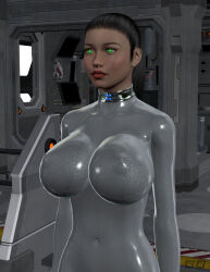 3d balthazarbludd black_hair bodysuit breasts collar empty_eyes erect_nipples erect_nipples_under_clothes expressionless female_only femsub glowing_eyes graybot green_eyes original rubber short_hair solo standing standing_at_attention tech_control tight_clothing watermark
