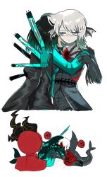  absurdres androgynous beniyarou black_hair blue_eyes blush coat corruption dante_(limbus_company) dream-devouring_siltcurrent faust_(limbus_company) femsub fish_girl from_behind gameplay_mechanics green_hair hair_color_change headless_ichthys hug kissing limbus_company monster monster_girl multicolored_hair non-binary non-binary_dom ryoshu_(limbus_company) sharp_teeth short_hair simple_background sub_on_sub sweat tail transformation white_background white_hair yuri 