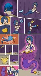  before_and_after blue_eyes blue_hair circlet cleavage comic evil_smile femsub genie hand_on_hip harem_outfit lana_(pokemon) large_breasts magic mermaid mythkaz navel necklace nintendo pokemon pokemon_sun_and_moon purple_eyes red_eyes short_hair tagme transformation underwater 
