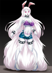 alternate_form animal_ears boots breasts carrot_(one_piece) cleavage corruption empty_eyes fairy_tail furry gradient_background hadant happy_trance high_heels large_breasts long_hair makeup midriff nail_polish navel one_piece pale_skin pink_eyes signature simple_background solo studded_collar thigh_boots white_hair