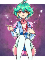 breasts empty_eyes female_only green_hair happy_trance lipstick looking_at_viewer orange_eyes parasite parasite_fusioner rin_(yu-gi-oh!_arc-v) sitting small_breasts yu-gi-oh! yu-gi-oh!_arc-v