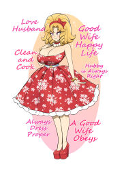 absurdres blonde_hair bouffant bow breasts cleavage domestication dress femsub floral_print hair_band happy_trance high_heels housewife kobi94 large_breasts necklace original princess_caelia_(kachopper9) simple_background spiral_eyes stepfordization symbol_in_eyes tagme text
