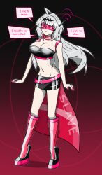  antenna cleavage collar collarbone crop_top english_text expressionless female_only fembot femsub hair_ornament high_heels hy2300 long_hair mantra miniskirt nail_polish navel shrunken_irises simple_background speech_bubble standing tech_control text thighhighs visor white_hair yixuan_(zenless_zone_zero) zenless_zone_zero 