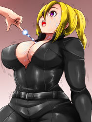  belt blonde_hair blush bodysuit breasts cables cleavage dazed empty_eyes femsub huge_breasts isuna kneeling large_breasts maledom multicolored_eyes open_mouth ponytail red_eyes rubber simple_background tongue trembling wires 