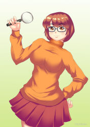 breasts brown_hair female_only glasses gradient_background hadant large_breasts scooby-doo_(series) short_hair short_skirt signature simple_background skirt solo sweater velma_dinkley watermark